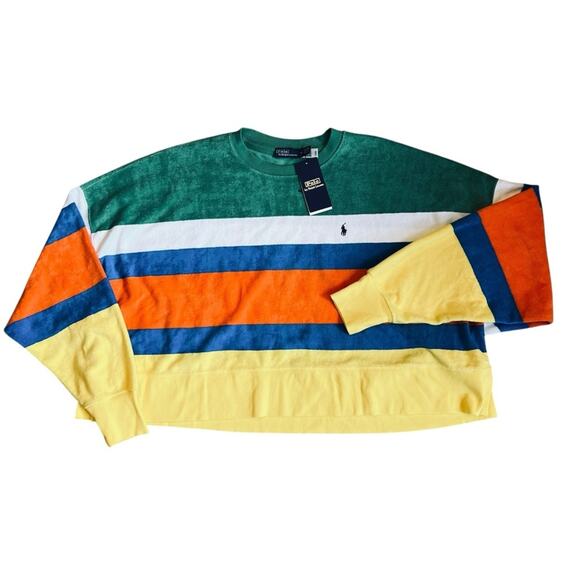 Polo Ralph Lauren Women’s M NWT Cotton Terry Stripe Sweatshirt Cropped Pullover - Picture 3 of 15